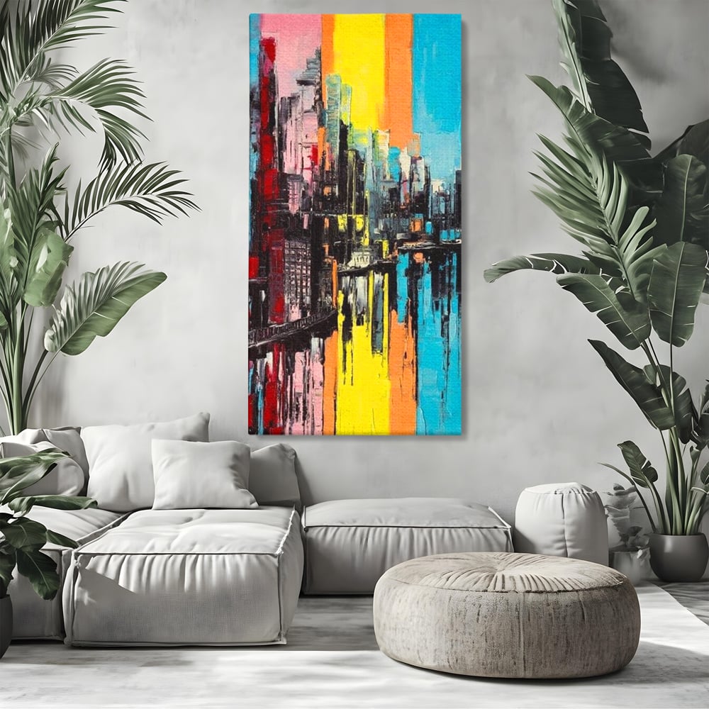 Tablou canvas cu tablou abstract cu cladiri si reflexii, fara rama, pe sasiu de lemn, pe perete intr-un living
